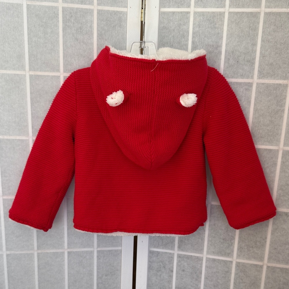 Carters Red Knit Button Coat Baby Sherpa Hooded Size 12M - Picture 3 of 7